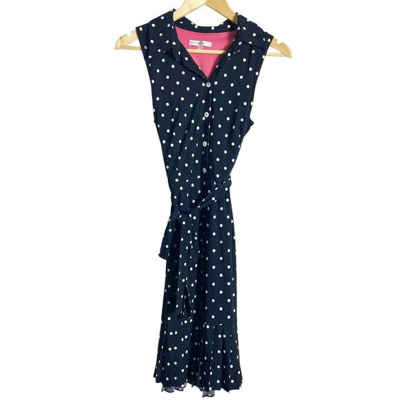 Sandra Darren Navy Polka Dot Sleeveless Button Shirt Midi Dress Size 10P - Picture 1 of 8